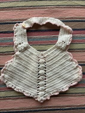 Antique Vintage Handmade White Crochet Baby bib with Pink Trim